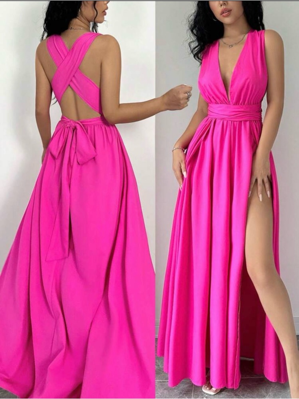 Sleeveless hot pink plunge maxi dress with open back
